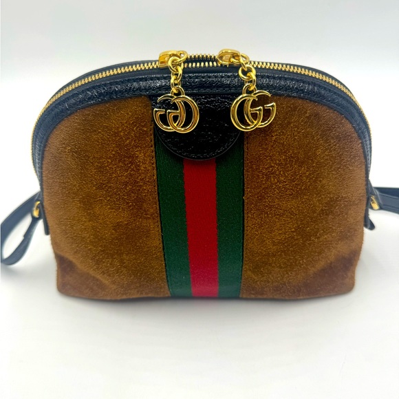 Auth Gucci Ophidia Dome Half Moon Web Cognac Brown Suede Small Crossbody Bag Ex+ - Picture 4 of 16